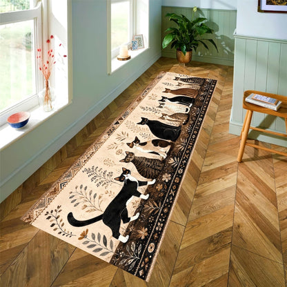 Whimsical Cat Runner Rug: Folk Art Feline Hallway Carpet, Non-Slip Machine-Washable