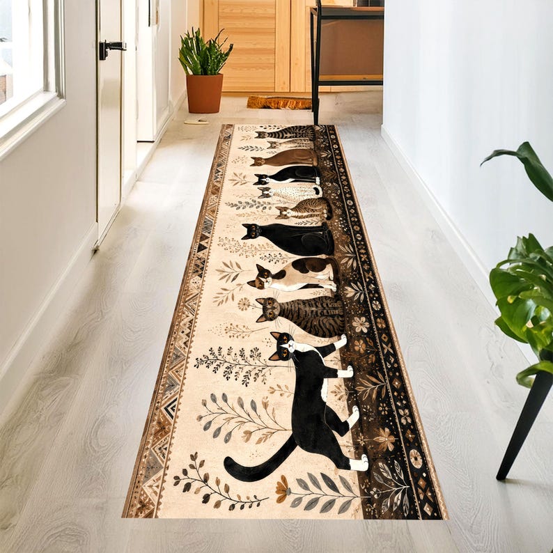 Whimsical Cat Runner Rug: Folk Art Feline Hallway Carpet, Non-Slip Machine-Washable