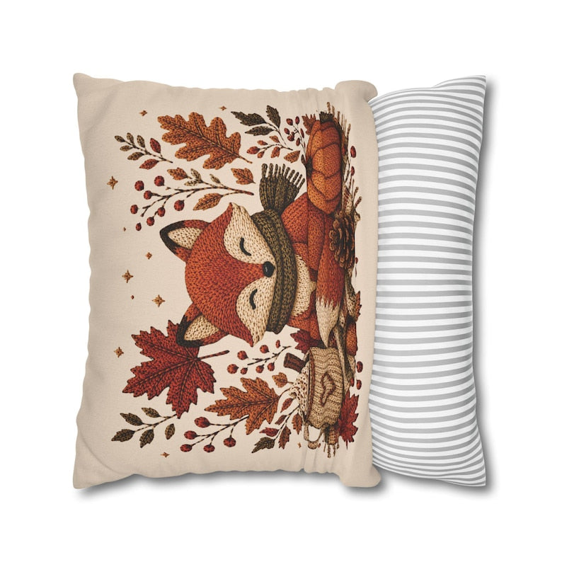 Cosy Fox Pillowcase | Beige Woodland Throw Pillowcase | Cute Autumn Farmhouse Home Decor| Fall pillow cover| Fall leaves and animal decor