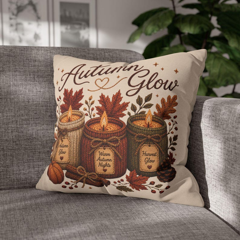 Autumn Glow Candles Pillowcase | Beige Fall Throw Pillowcase | Cozy Farmhouse Autumn Home Decor| Candle pillow cover| Fall pillow case gift