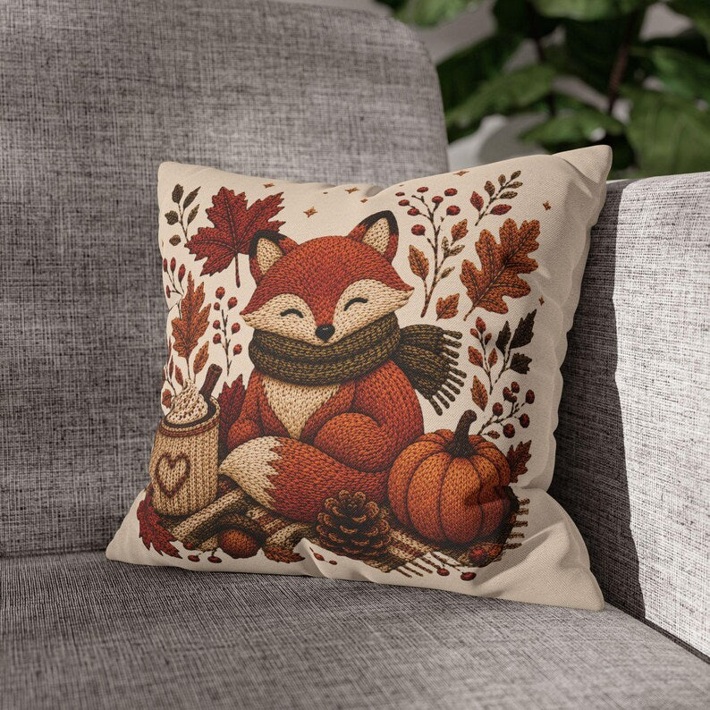Cosy Fox Pillowcase | Beige Woodland Throw Pillowcase | Cute Autumn Farmhouse Home Decor| Fall pillow cover| Fall leaves and animal decor