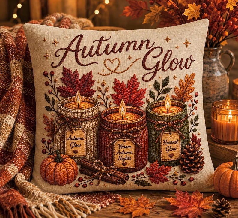 Autumn Glow Candles Pillowcase | Beige Fall Throw Pillowcase | Cozy Farmhouse Autumn Home Decor| Candle pillow cover| Fall pillow case gift