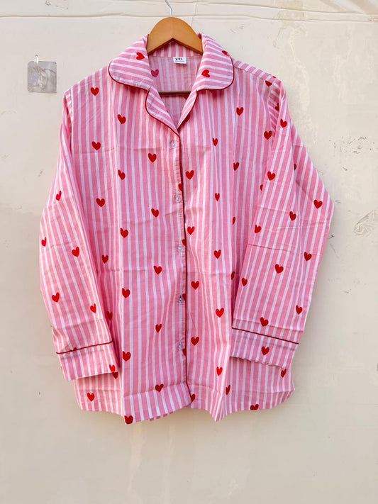 Pink Heart Stripe Pajama Set, Cotton Valentine Sleepwear, Women Button Down PJs