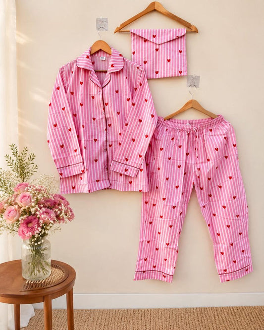 Pink Heart Stripe Pajama Set, Cotton Valentine Sleepwear, Women Button Down PJs