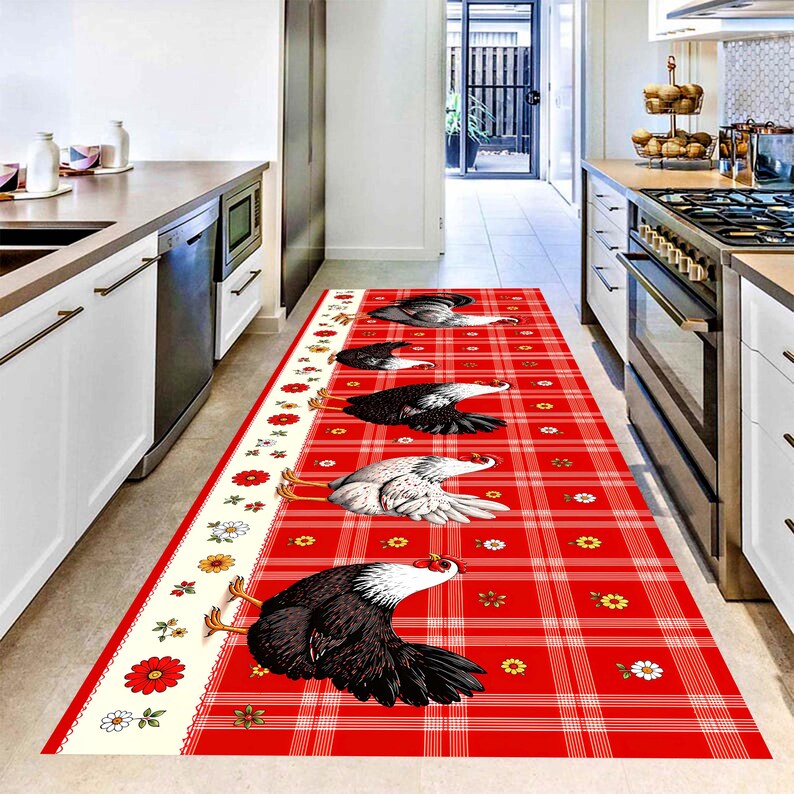 Rooster Chicken Runner Rug: Farmhouse Red Plaid Kitchen Carpet, Non-Slip Machine-Washable