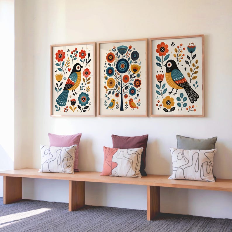 Scandinavian Folk Art Bird Prints, Whimsical Nursery Wall Art Set of 3, Playful Hygge Pattern Poster, Nordic Floral Panels, Rosemaling Decor