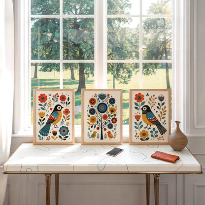 Scandinavian Folk Art Bird Prints, Whimsical Nursery Wall Art Set of 3, Playful Hygge Pattern Poster, Nordic Floral Panels, Rosemaling Decor