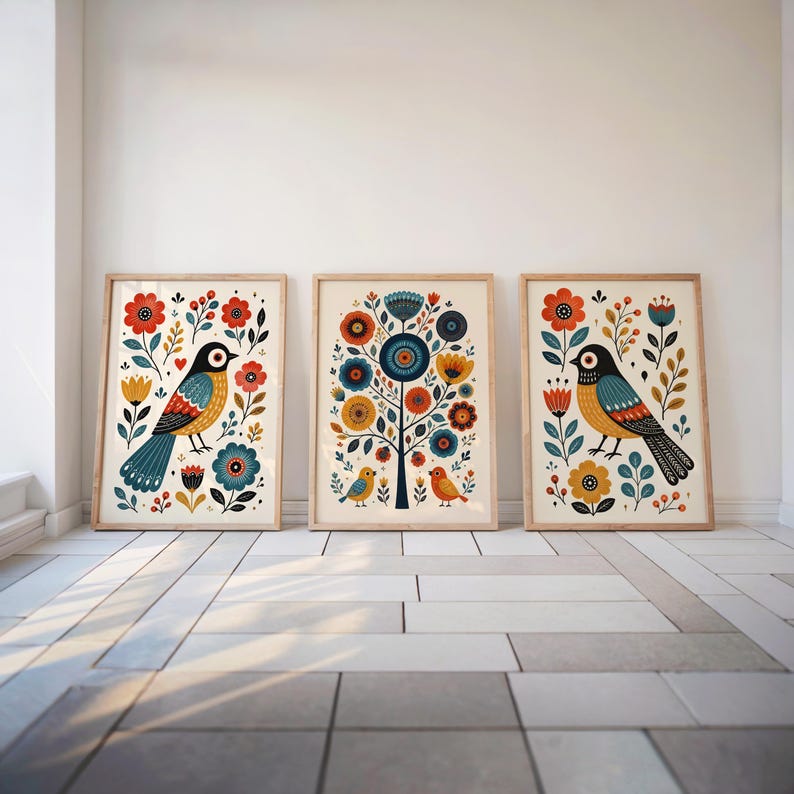 Scandinavian Folk Art Bird Prints, Whimsical Nursery Wall Art Set of 3, Playful Hygge Pattern Poster, Nordic Floral Panels, Rosemaling Decor