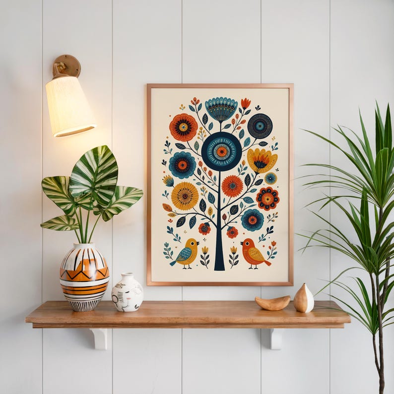 Scandinavian Folk Art Bird Prints, Whimsical Nursery Wall Art Set of 3, Playful Hygge Pattern Poster, Nordic Floral Panels, Rosemaling Decor