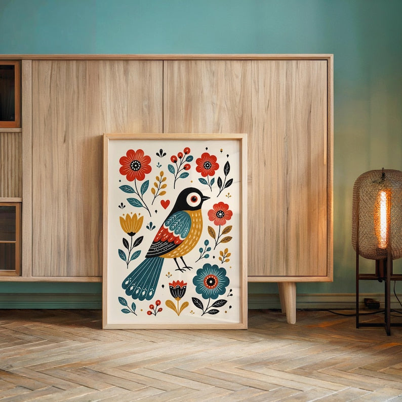 Scandinavian Folk Art Bird Prints, Whimsical Nursery Wall Art Set of 3, Playful Hygge Pattern Poster, Nordic Floral Panels, Rosemaling Decor