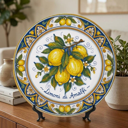 Amalfi Inspired Ceramic Display Plate, Classic Italian Blue Scroll and Yellow Citrus Wall Decor