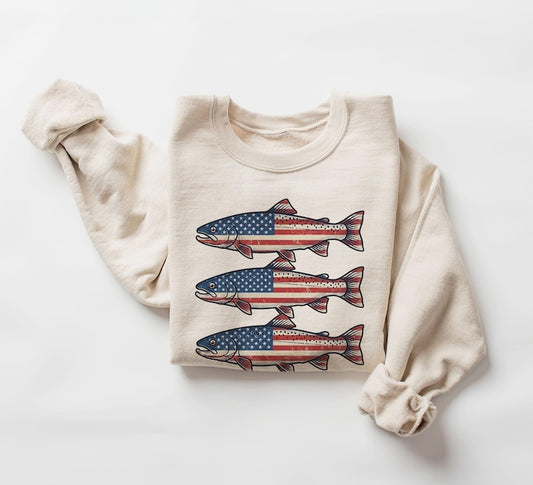 Retro American Flag Rainbow Trout 4th Of July Flyfishing Unisex Adult Crewneck Sweatshirt