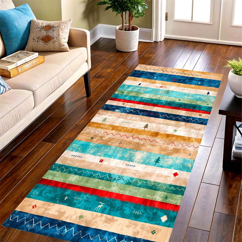 Southwestern Printed Runner Rug: Turquoise Striped Hallway Carpet, Machine-Washable Non-Slip