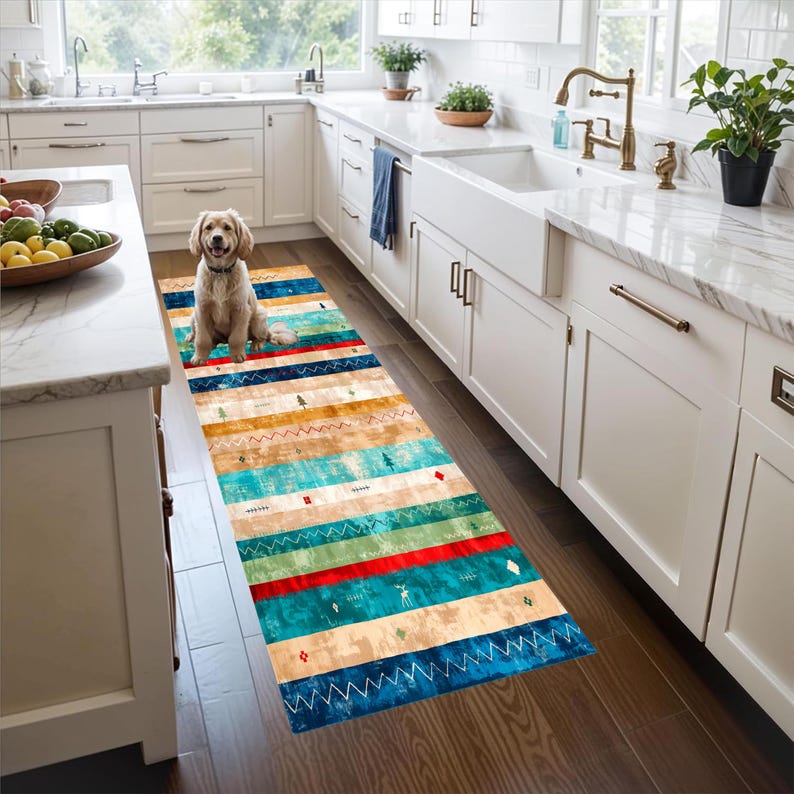 Southwestern Printed Runner Rug: Turquoise Striped Hallway Carpet, Machine-Washable Non-Slip