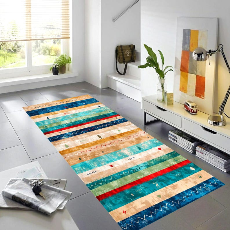 Southwestern Printed Runner Rug: Turquoise Striped Hallway Carpet, Machine-Washable Non-Slip