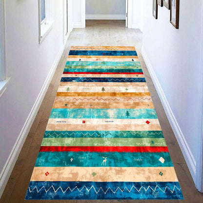 Southwestern Printed Runner Rug: Turquoise Striped Hallway Carpet, Machine-Washable Non-Slip