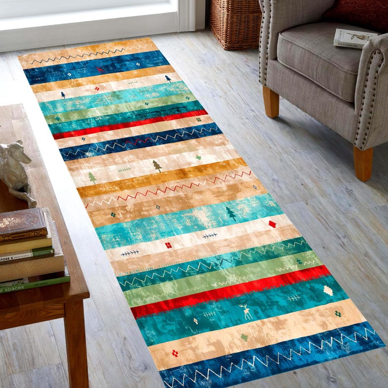 Southwestern Printed Runner Rug: Turquoise Striped Hallway Carpet, Machine-Washable Non-Slip