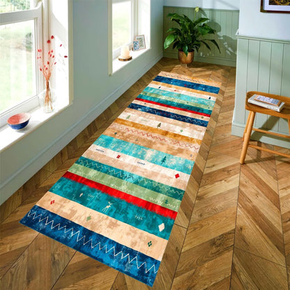 Southwestern Printed Runner Rug: Turquoise Striped Hallway Carpet, Machine-Washable Non-Slip