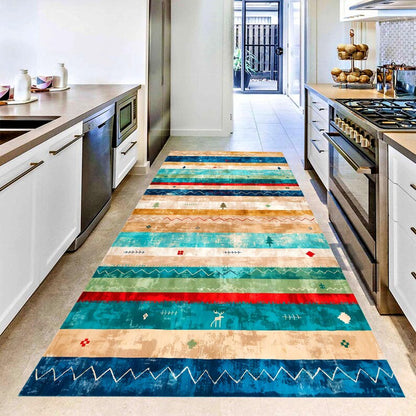 Southwestern Printed Runner Rug: Turquoise Striped Hallway Carpet, Machine-Washable Non-Slip