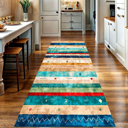 Southwestern Printed Runner Rug: Turquoise Striped Hallway Carpet, Machine-Washable Non-Slip
