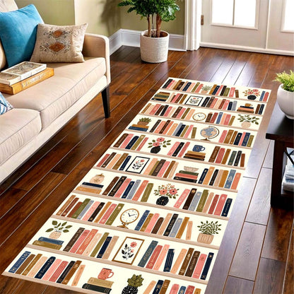 Bookshelf Runner Rug: Library Books Hallway Carpet, Non-Slip Machine-Washable