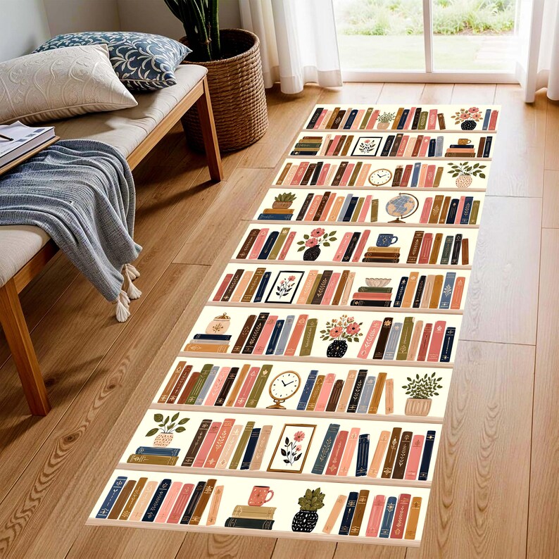 Bookshelf Runner Rug: Library Books Hallway Carpet, Non-Slip Machine-Washable