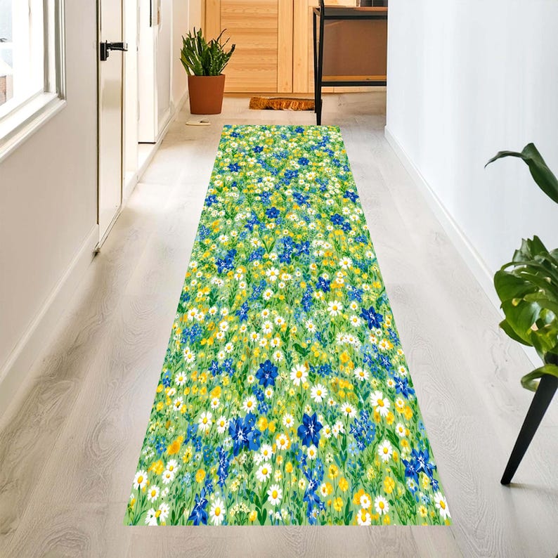 Wildflower Runner Rug: Daisy Meadow Carpet, Non-Slip Machine-Washable