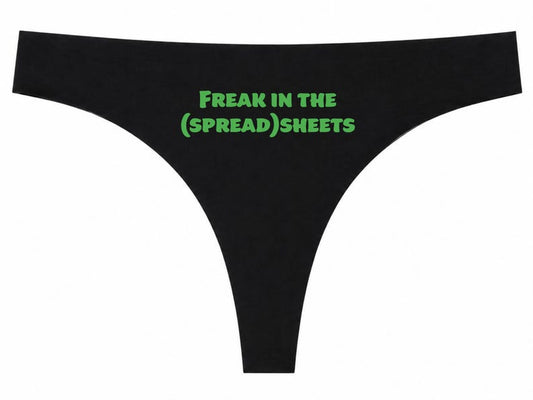 Freak In The (Spread) Sheets Black Thong, Funny Office Underwear, Spreadsheet Joke Panties