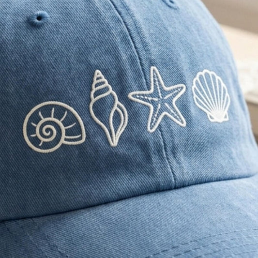 Embroidered Sea Shell Washed Cotton Hat, Beach Trucker Cap