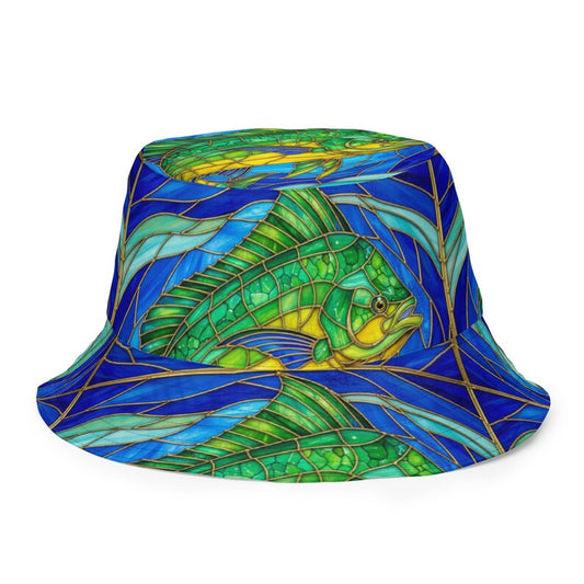 Mahi Mahi Bucket Hat, Reversible Fishing Hat, Dolphin Fish Hat, Coastal Bucket Hat, Tropical Fisherman Hat, Stained Glass Fish Art