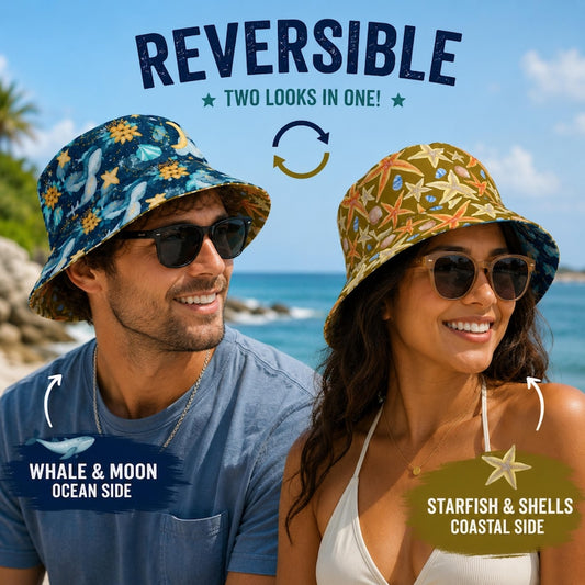 Coastal Whale Bucket Hat, Starfish Reversible Whale Hat, Oceancore Beach Hat, Sea Life Sun Hat, Summer Bucket Hat Women Men, Nautical Hat
