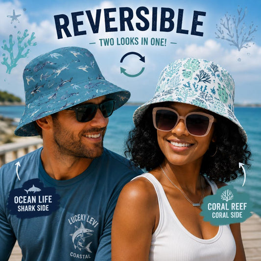 Reversible Shark Bucket Hat, Coastal Coral Sun Hat, Ocean Fishing Bucket Hat, Beach Hat for Men Women, Sea Life Summer Hat