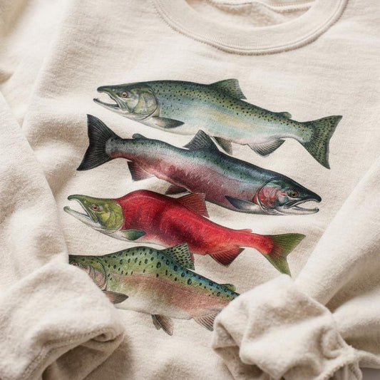 Abstract Salmon In A Row Sweatshirt River Fish Flyfishing Adult Unisex Crewneck Sweatshirt