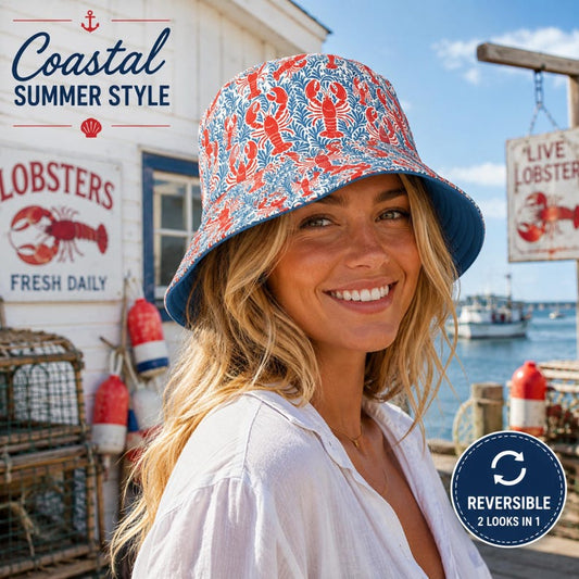 Lobster Bucket Hat Reversible Coastal Hat, Maine Lobster Sun Hat, Nautical Beach Hat, Red White Blue Summer Hat, Coastal Vacation Hat