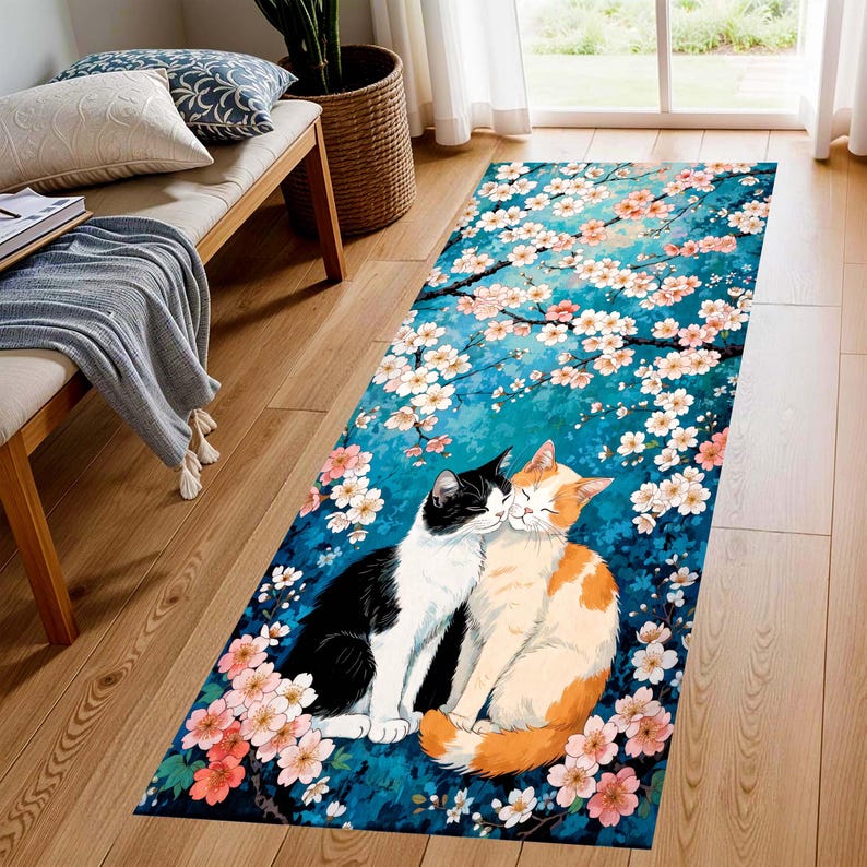 Two Cat Cherry Blossom Runner Rug: Teal Floral Hallway Carpet, Machine-Washable Non-Slip