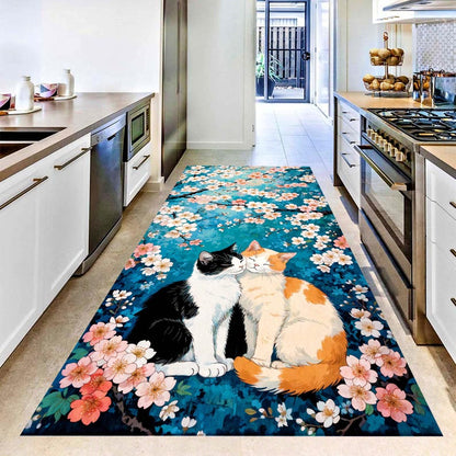 Two Cat Cherry Blossom Runner Rug: Teal Floral Hallway Carpet, Machine-Washable Non-Slip