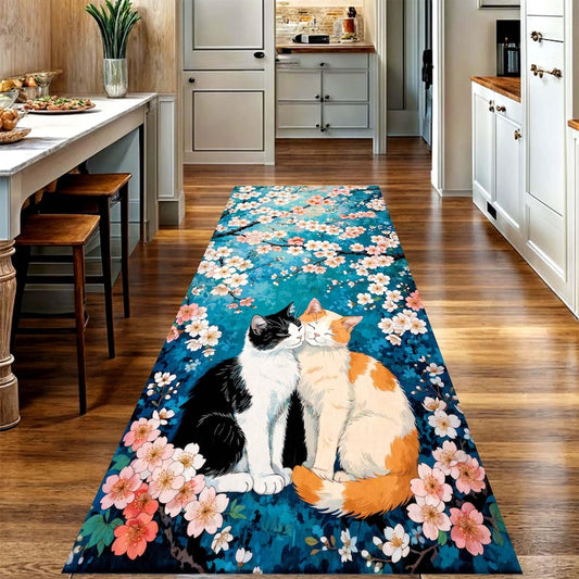 Two Cat Cherry Blossom Runner Rug: Teal Floral Hallway Carpet, Machine-Washable Non-Slip