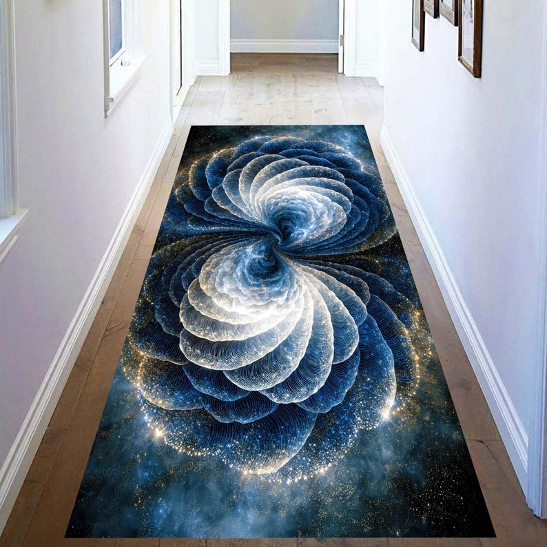 Blue Galaxy Runner Rug: Abstract Spiral Carpet, Machine-Washable Non-Slip