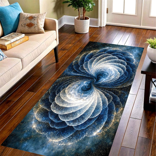 Blue Galaxy Runner Rug: Abstract Spiral Carpet, Machine-Washable Non-Slip