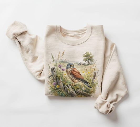 Retro 90's American Kestrel Wildflowers Homestead Birds Of Prey Unisex Adult Crewneck Sweatshirt