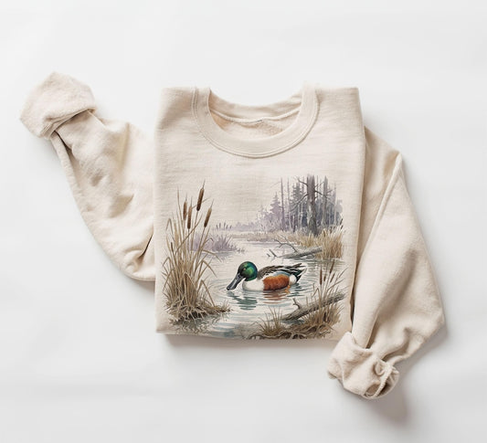 Retro 90's Northern Shoveler Drake Cattails Pond Dabbling Duck Unisex Adult Crewneck Sweatshirt