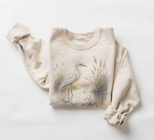 Retro 90's White Egret Purple Grasses Birding Adventure Unisex Adult Crewneck Sweatshirt