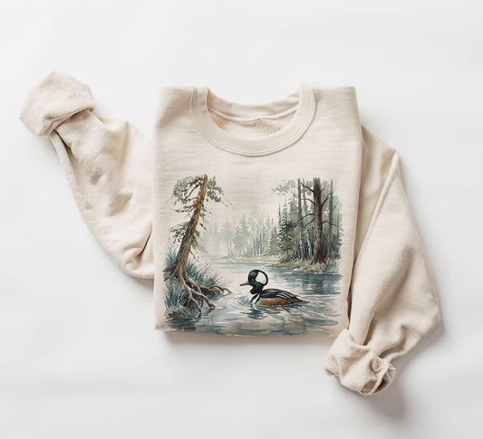 Retro 90's Hooded Merganser Drake Forest Pond Diving Ducks Unisex Adult Crewneck Sweatshirt