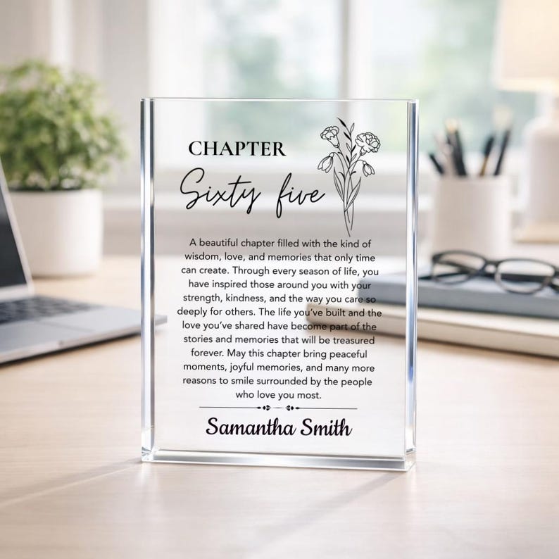 65th Birthday Gift for Women, Birth Flower Gifts Personalized Acrylic Plaque, Custom Chapter 65 Birthday Keepsake for Mom Grandma Friend