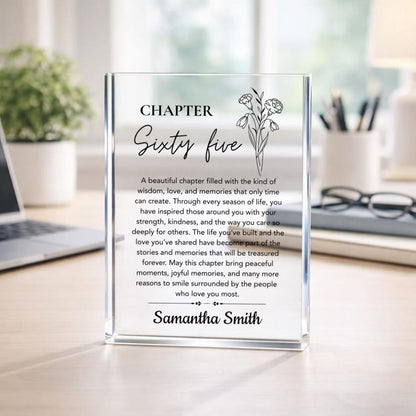 65th Birthday Gift for Women, Birth Flower Gifts Personalized Acrylic Plaque, Custom Chapter 65 Birthday Keepsake for Mom Grandma Friend