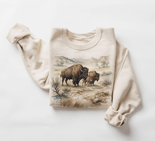 Retro 90's Bison Family High Desert Canyons American Buffalo Unisex Adult Crewneck Sweatshirt