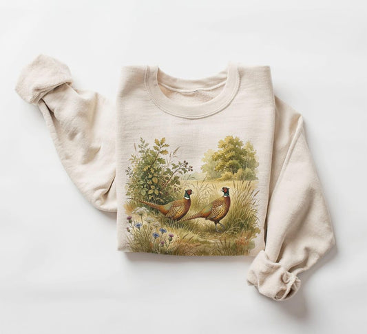 Retro 90's Ring Necked Pheasant Roosters Summer Wildflowers Unisex Adult Crewneck Sweatshirt