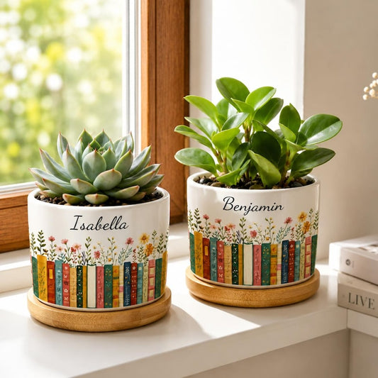Vintage Bookshelf Library Personalized Plant Pot, Bookish Gifts For Reader, Book Lover Birthday, Back To School Teacher Appreciation Gift