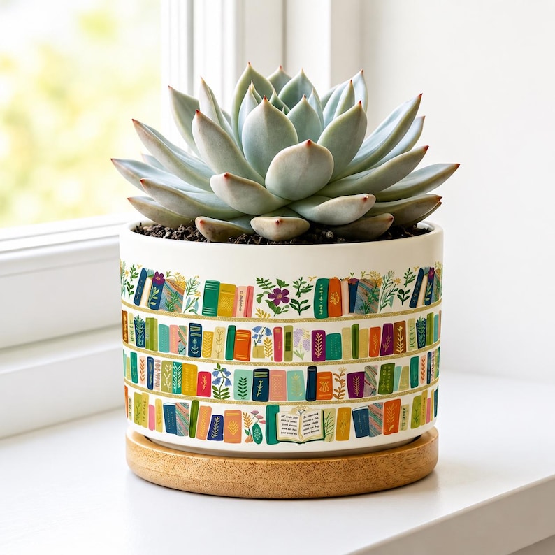 Floral Bookish Vintage Book Lover Flower Pot, Personalized Vintage Bookshelf Library, Reading Lover Desk Decor, Bookish Gift for Her