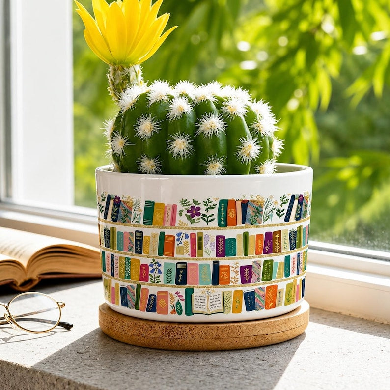 Floral Bookish Vintage Book Lover Flower Pot, Personalized Vintage Bookshelf Library, Reading Lover Desk Decor, Bookish Gift for Her
